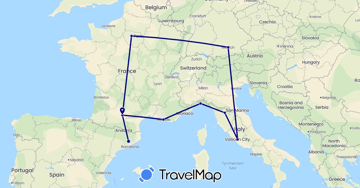 TravelMap itinerary: driving in Germany, Spain, France, Italy (Europe)